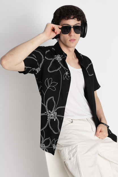 Stylish Floral Printed Rayon Shirt Black White