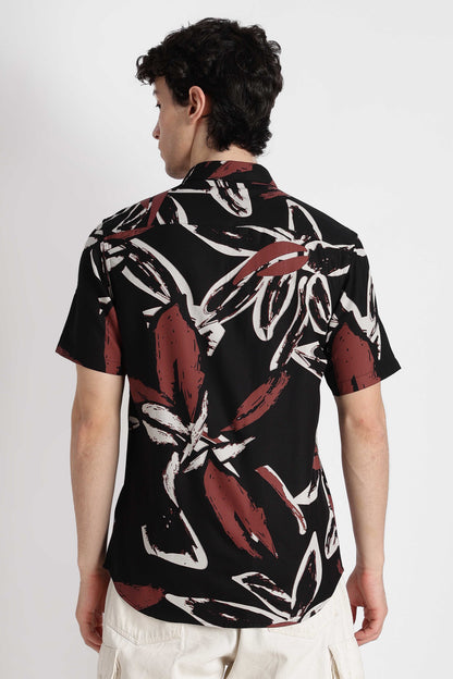 Stylish Floral Printed Rayon Shirt Black White