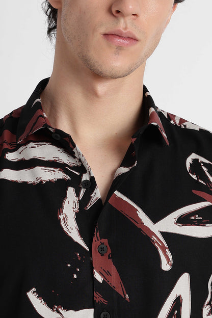 Stylish Floral Printed Rayon Shirt Black White