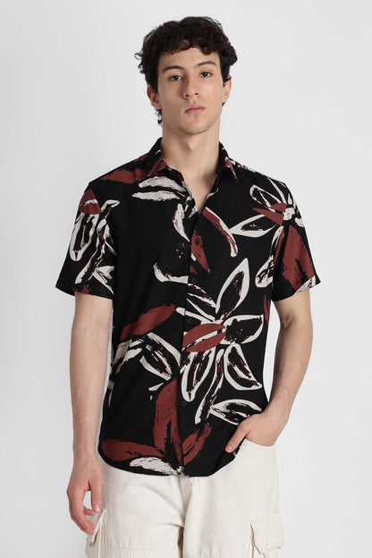 Stylish Floral Printed Rayon Shirt Black White