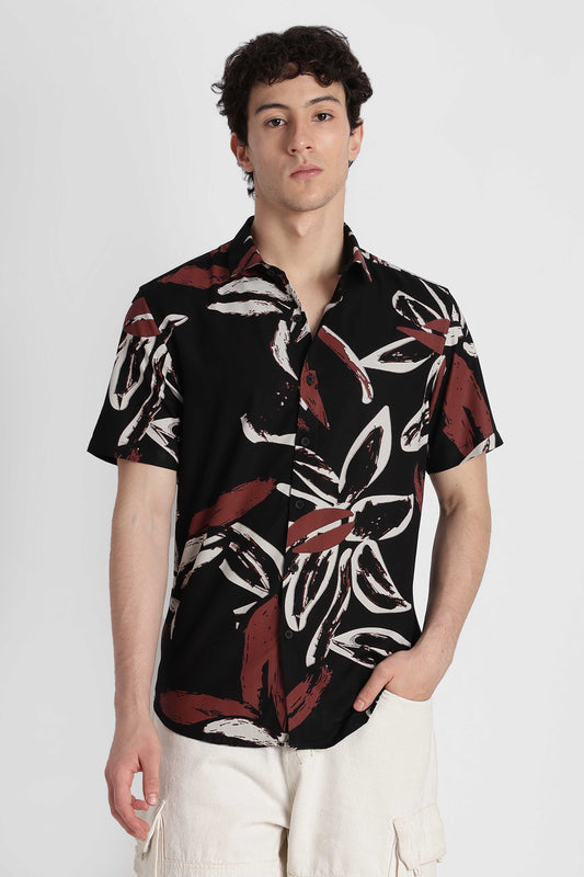 Stylish Floral Printed Rayon Shirt Black White