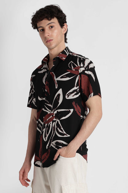 Stylish Floral Printed Rayon Shirt Black White