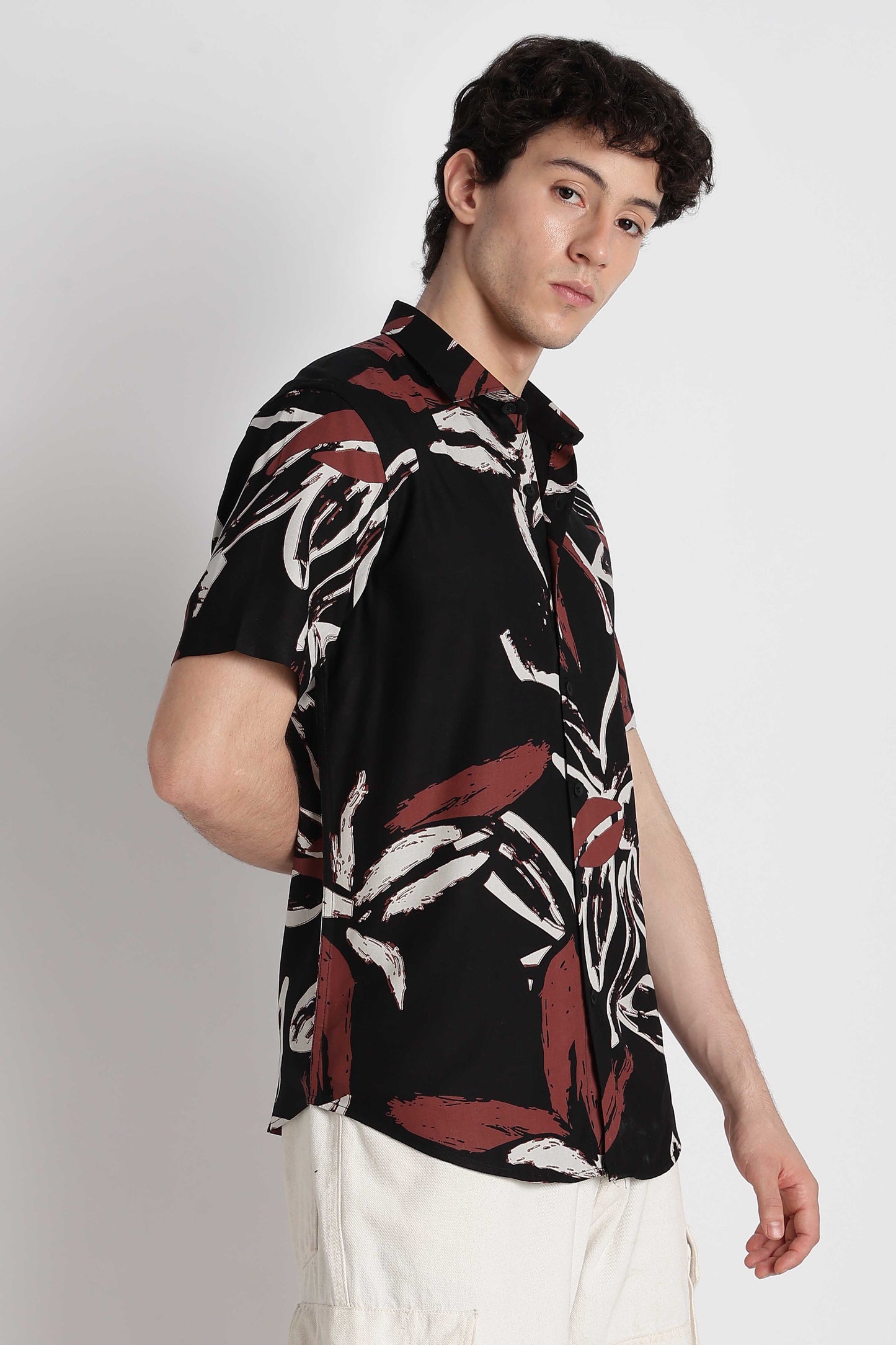Stylish Floral Printed Rayon Shirt Black White