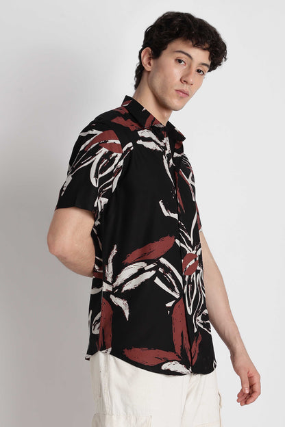 Stylish Floral Printed Rayon Shirt Black White