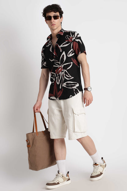 Stylish Floral Printed Rayon Shirt Black White