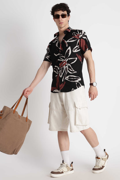 Stylish Floral Printed Rayon Shirt Black White