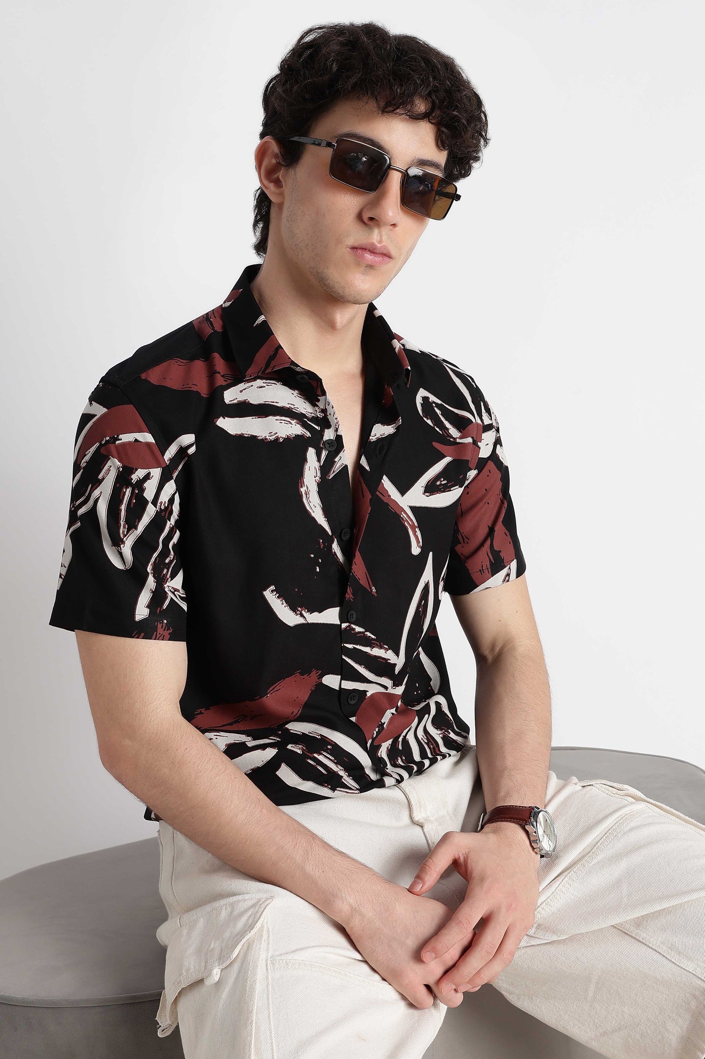 Stylish Floral Printed Rayon Shirt Black White