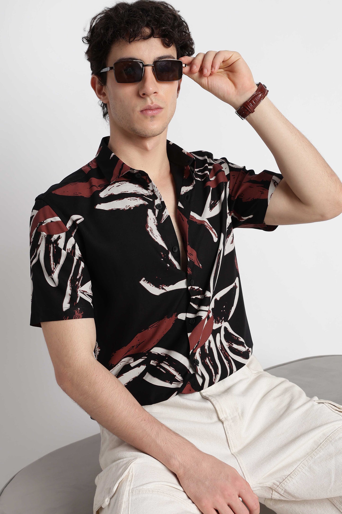 Stylish Floral Printed Rayon Shirt Black White