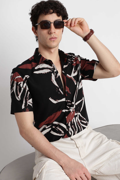 Stylish Floral Printed Rayon Shirt Black White