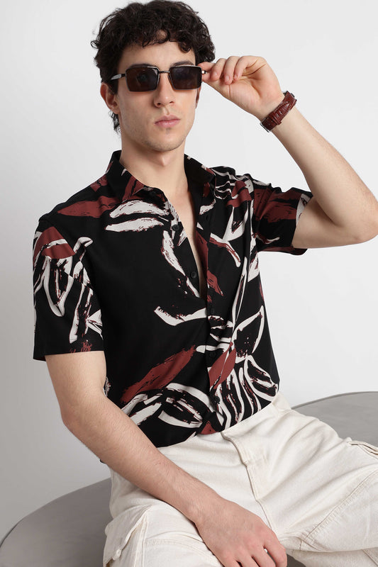 Stylish Floral Printed Rayon Shirt Black White