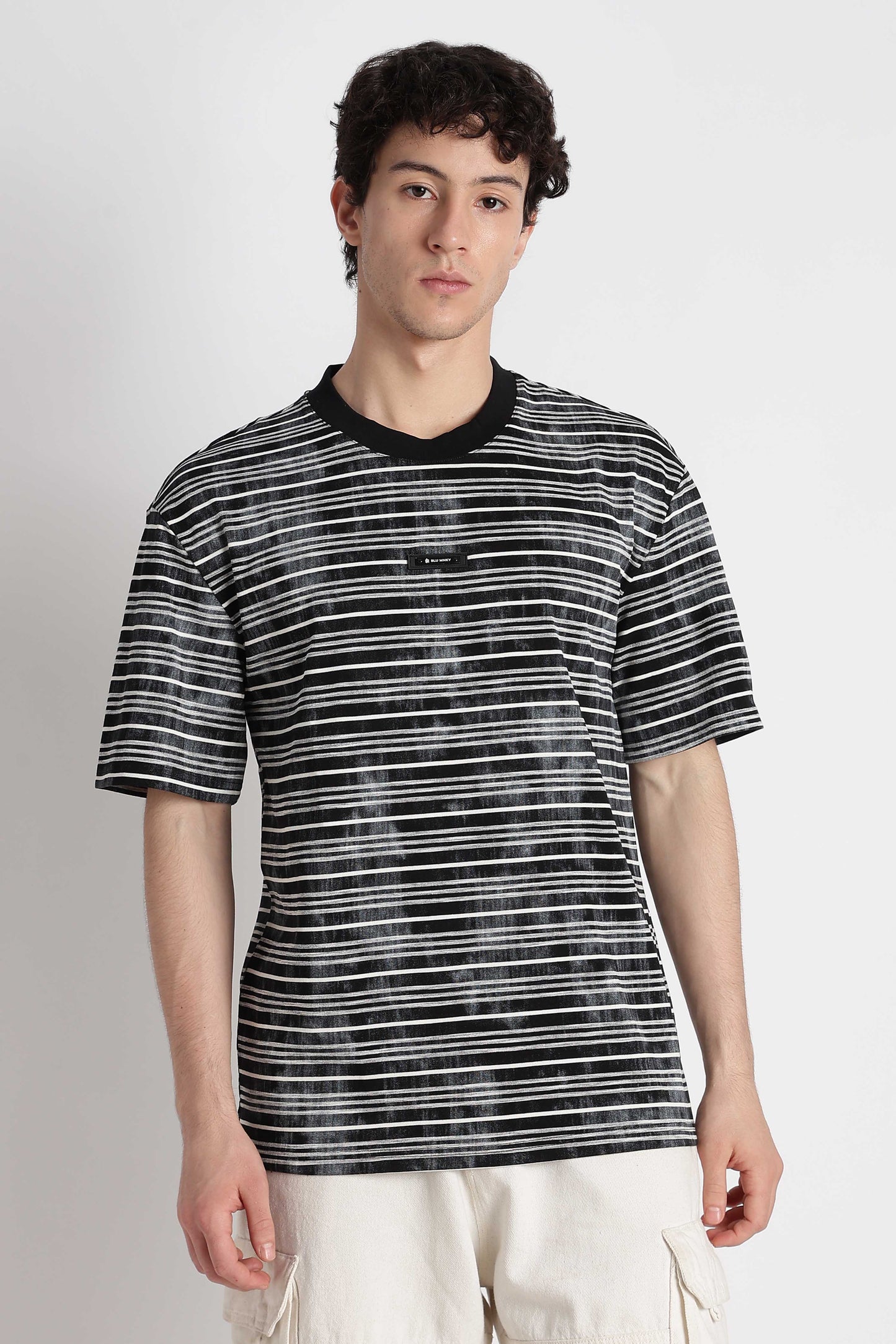 Cotton Poly Striped T-Shirt Black