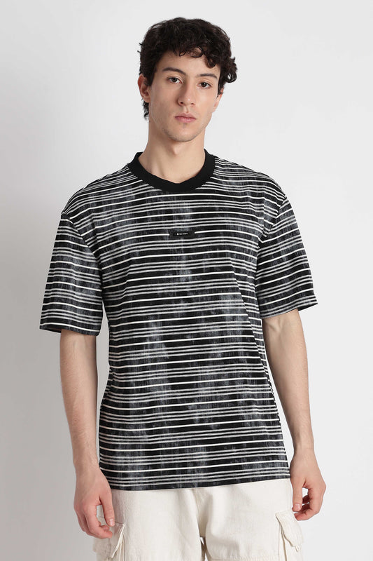 Cotton Poly Striped T-Shirt Black