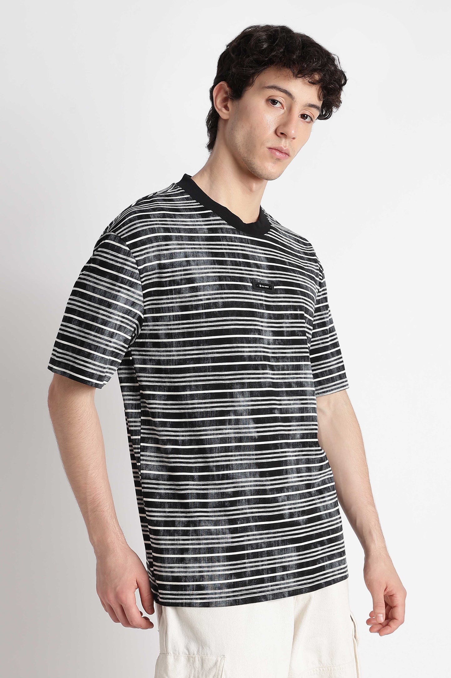 Cotton Poly Striped T-Shirt Black