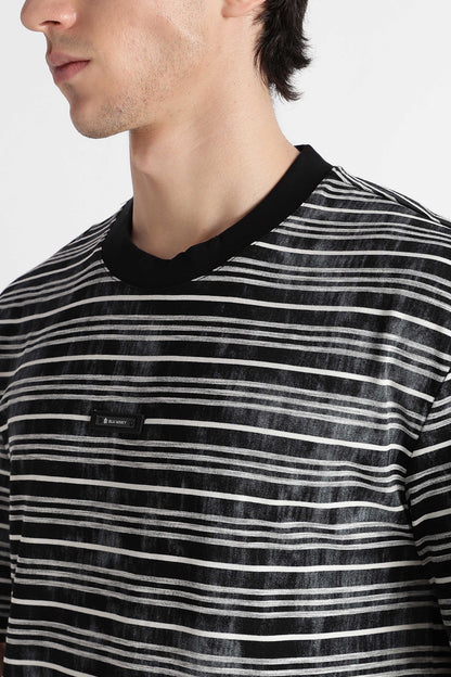 Cotton Poly Striped T-Shirt Black