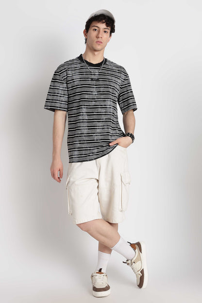 Cotton Poly Striped T-Shirt Black