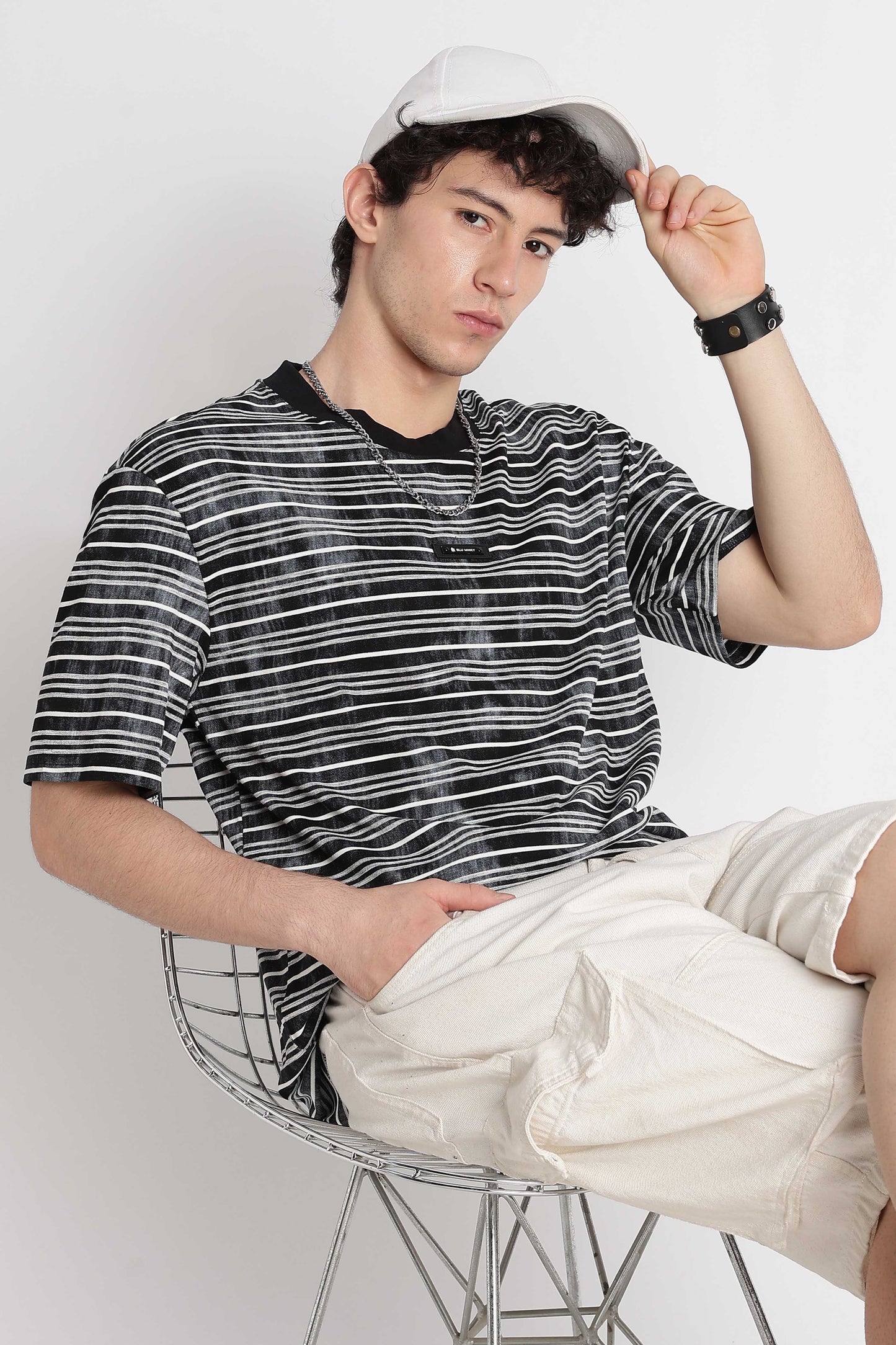 Cotton Poly Striped T-Shirt Black