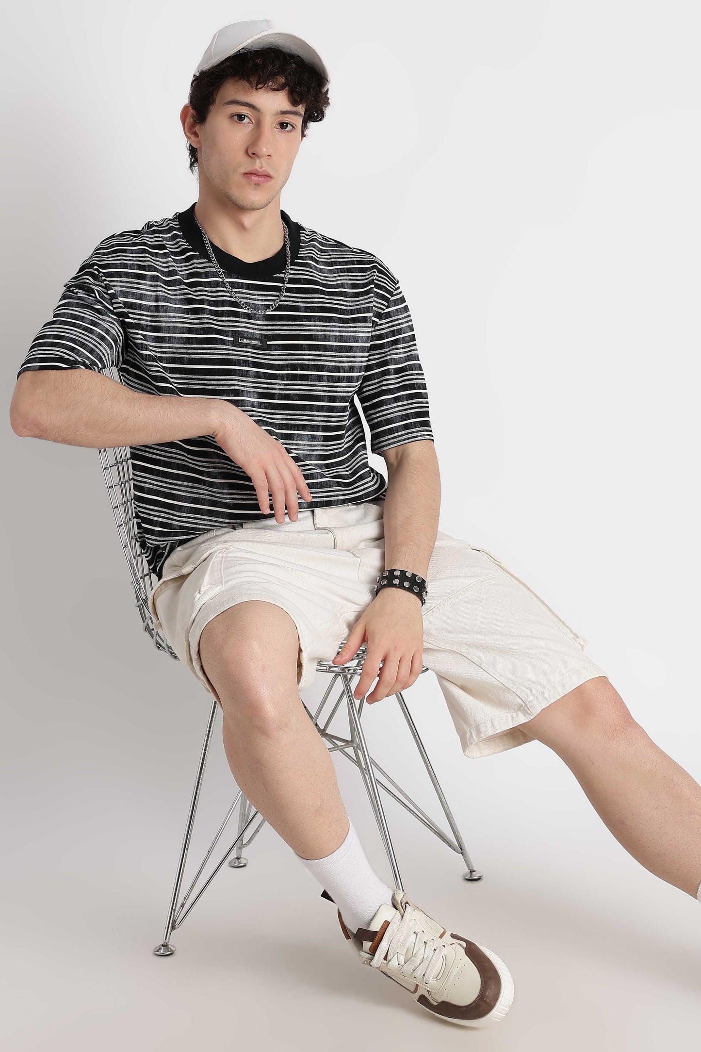 Cotton Poly Striped T-Shirt Black
