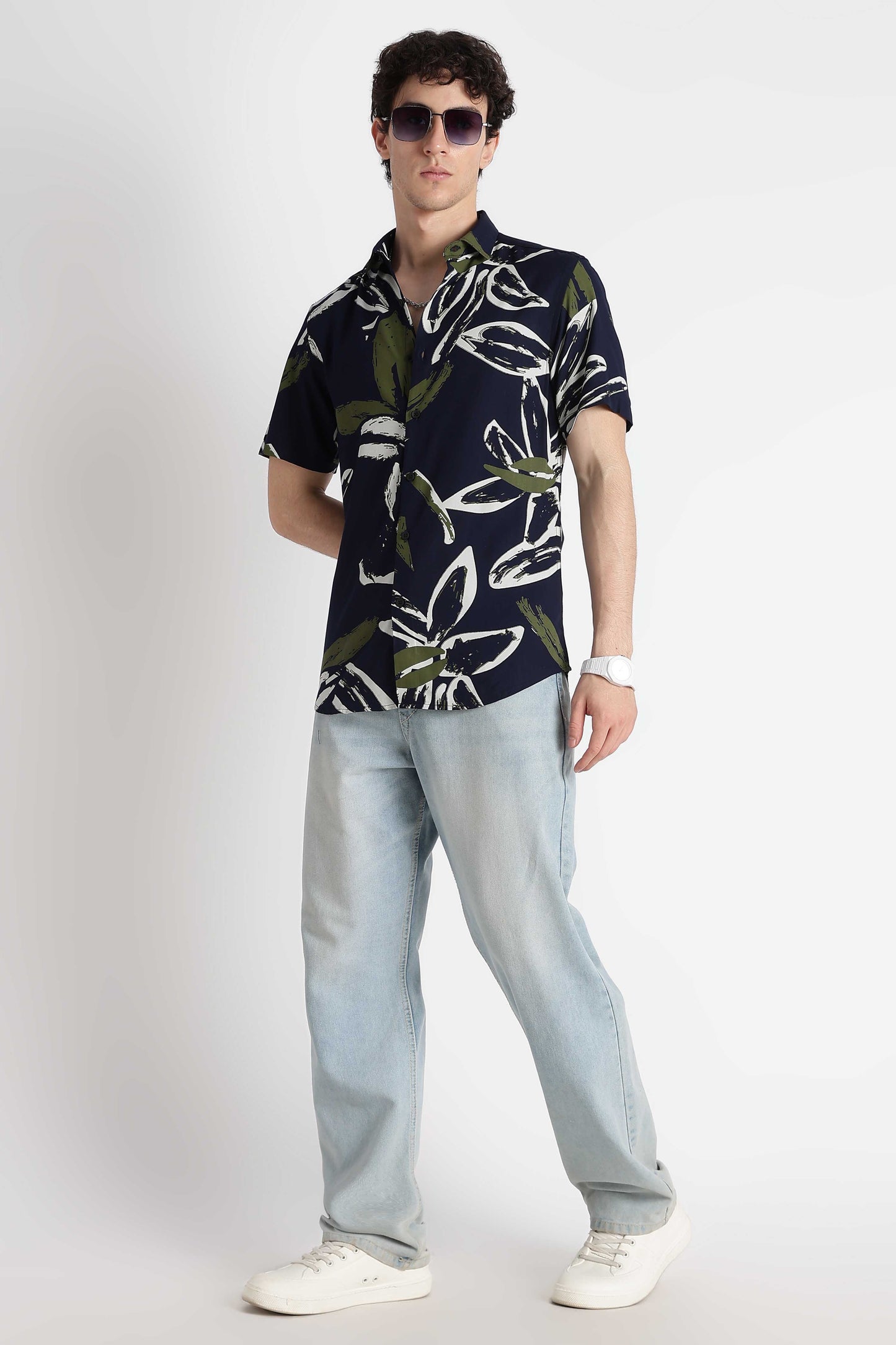 Stylish Floral Printed Rayon Shirt Navy White