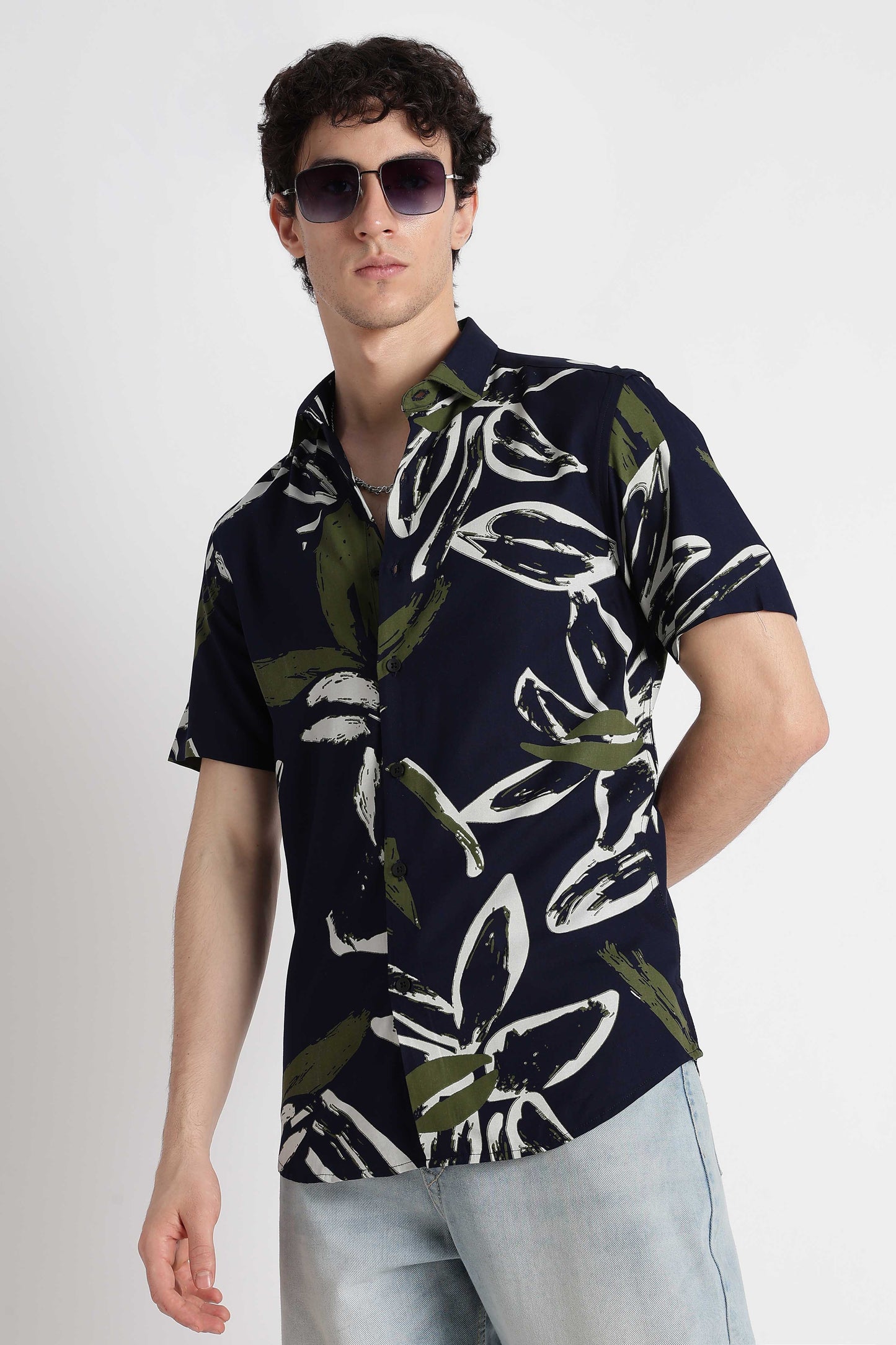 Stylish Floral Printed Rayon Shirt Navy White