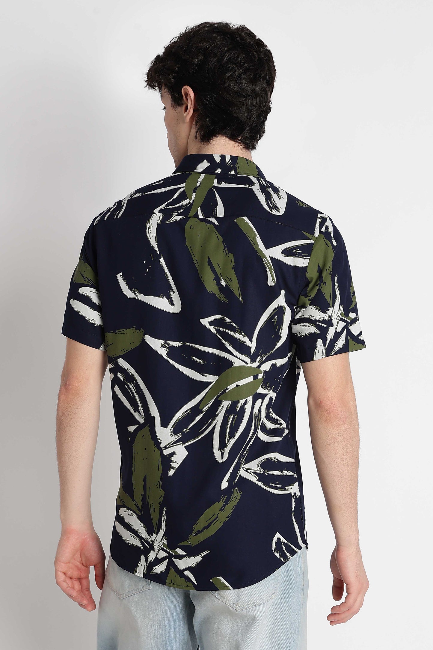 Stylish Floral Printed Rayon Shirt Navy White