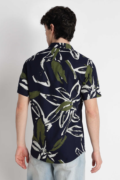 Stylish Floral Printed Rayon Shirt Navy White