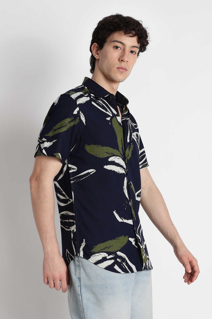 Stylish Floral Printed Rayon Shirt Navy White