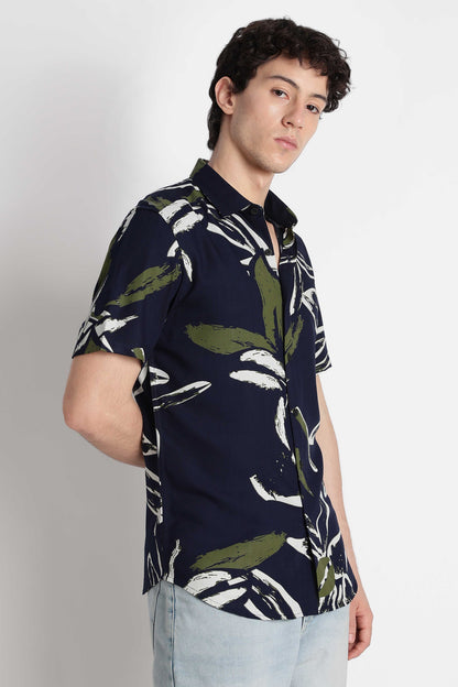 Stylish Floral Printed Rayon Shirt Navy White