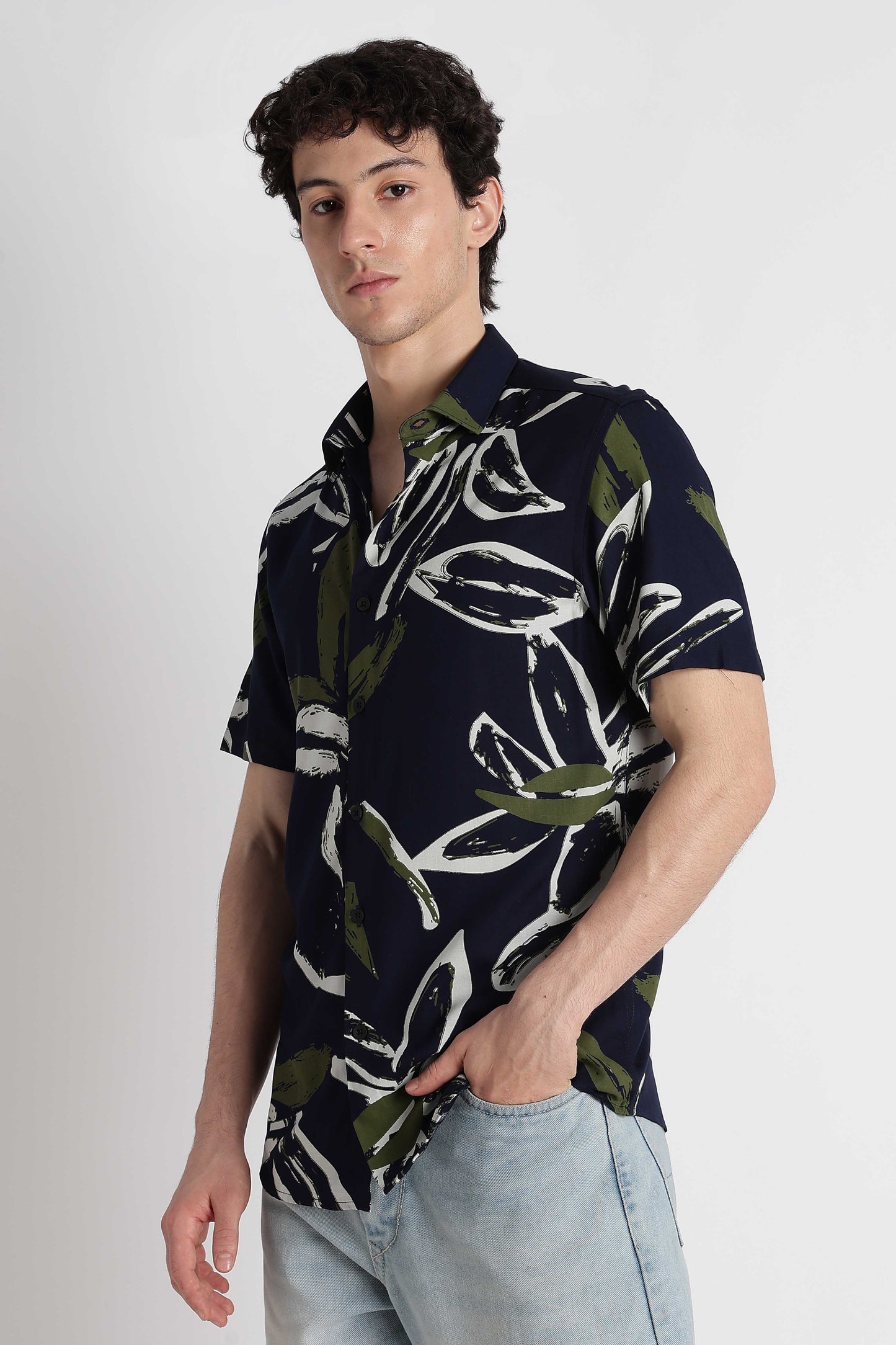 Stylish Floral Printed Rayon Shirt Navy White