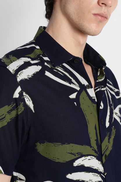 Stylish Floral Printed Rayon Shirt Navy White
