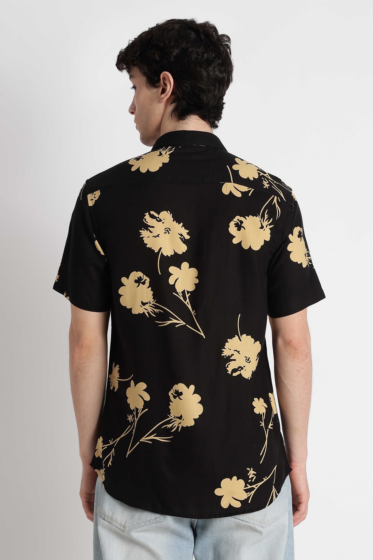 Stylish Floral Printed Rayon Shirt Black Yellow