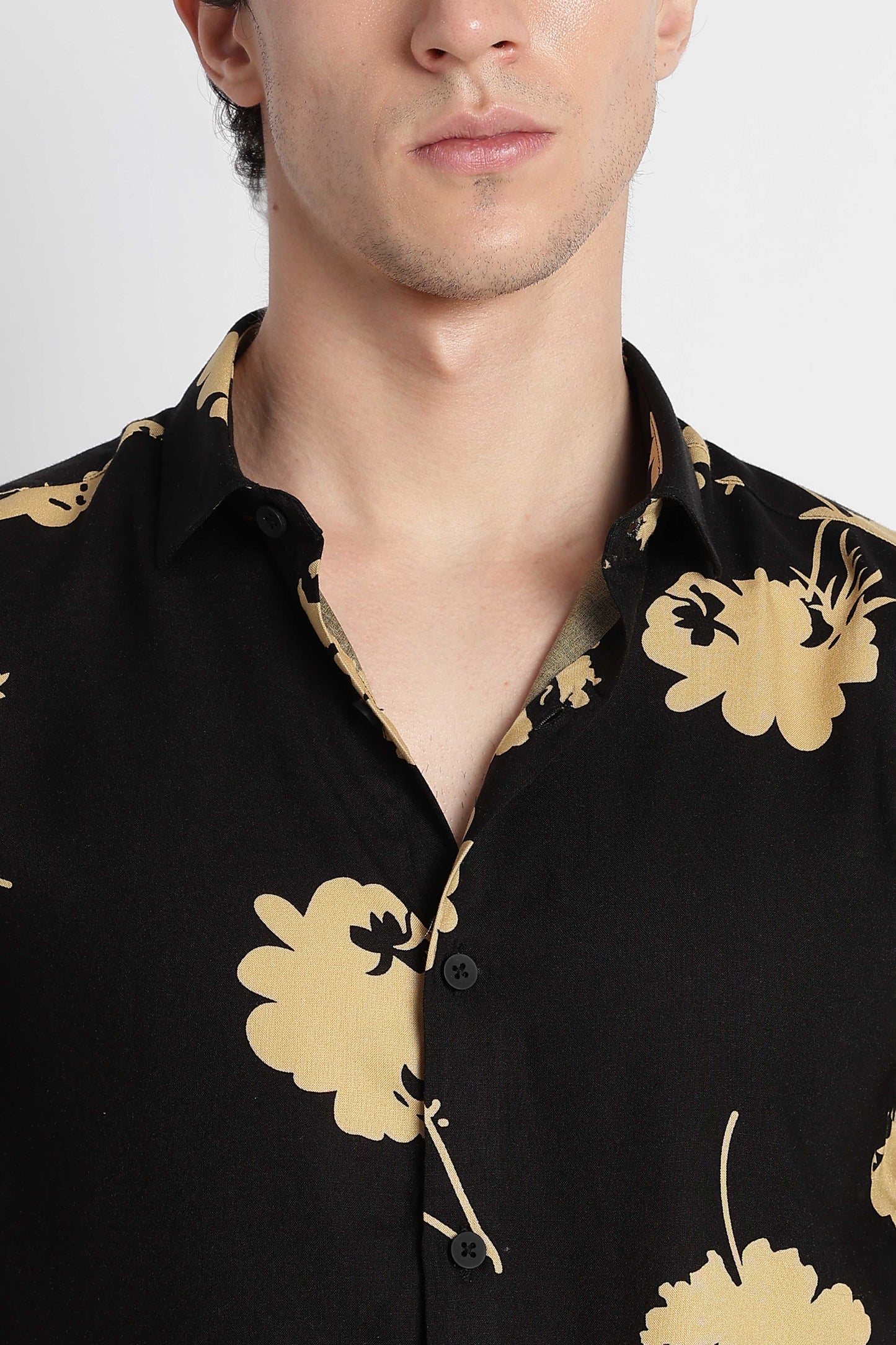 Stylish Floral Printed Rayon Shirt Black Yellow
