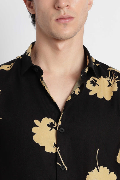 Stylish Floral Printed Rayon Shirt Black Yellow
