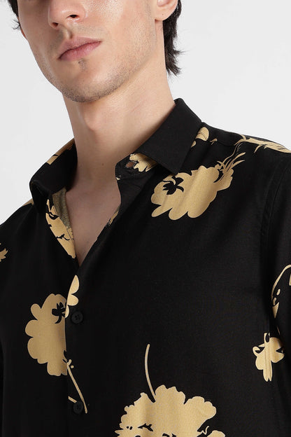 Stylish Floral Printed Rayon Shirt Black Yellow