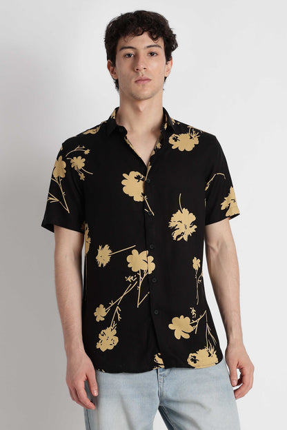 Stylish Floral Printed Rayon Shirt Black Yellow