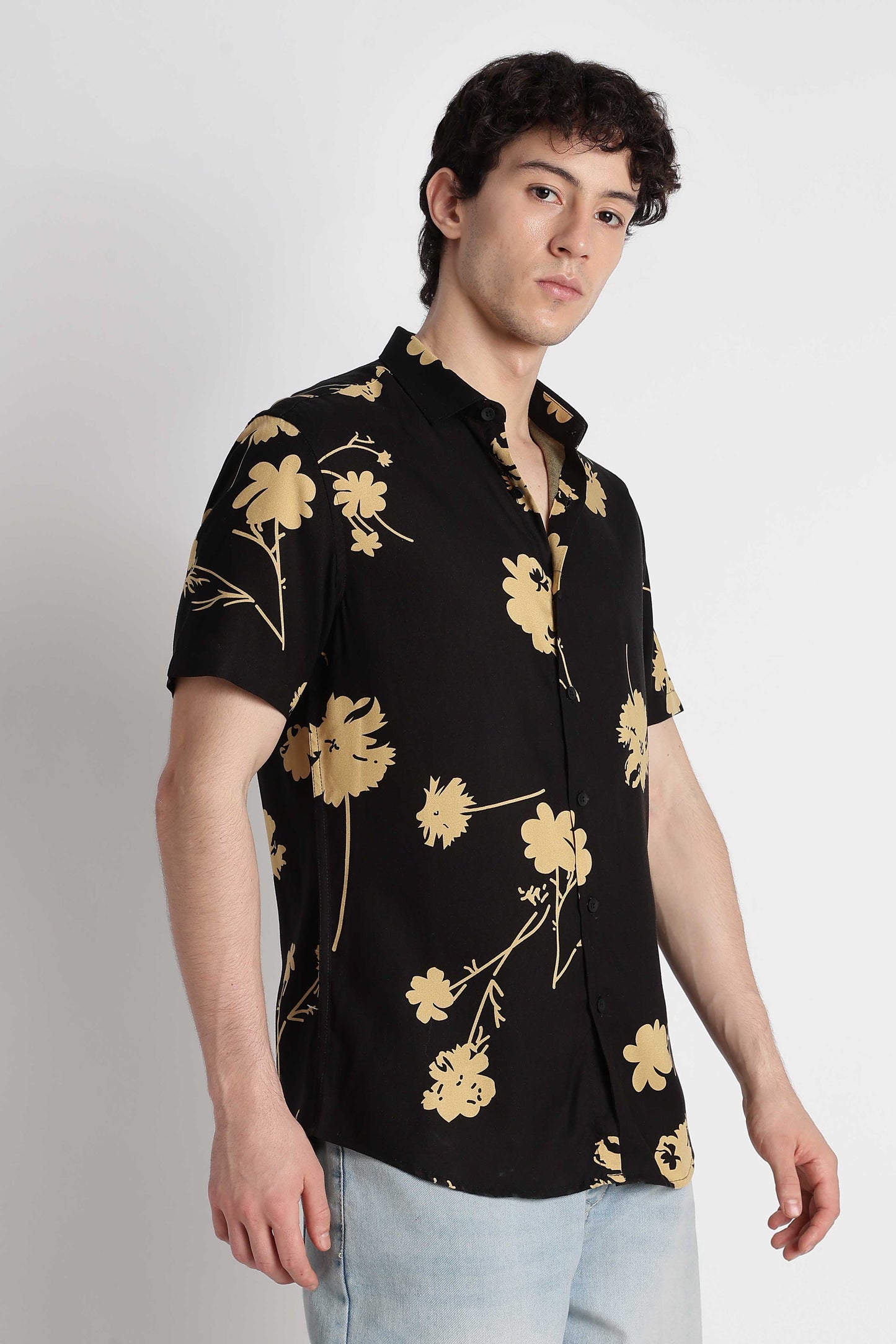 Stylish Floral Printed Rayon Shirt Black Yellow