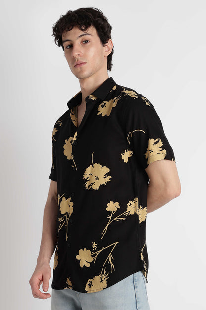 Stylish Floral Printed Rayon Shirt Black Yellow