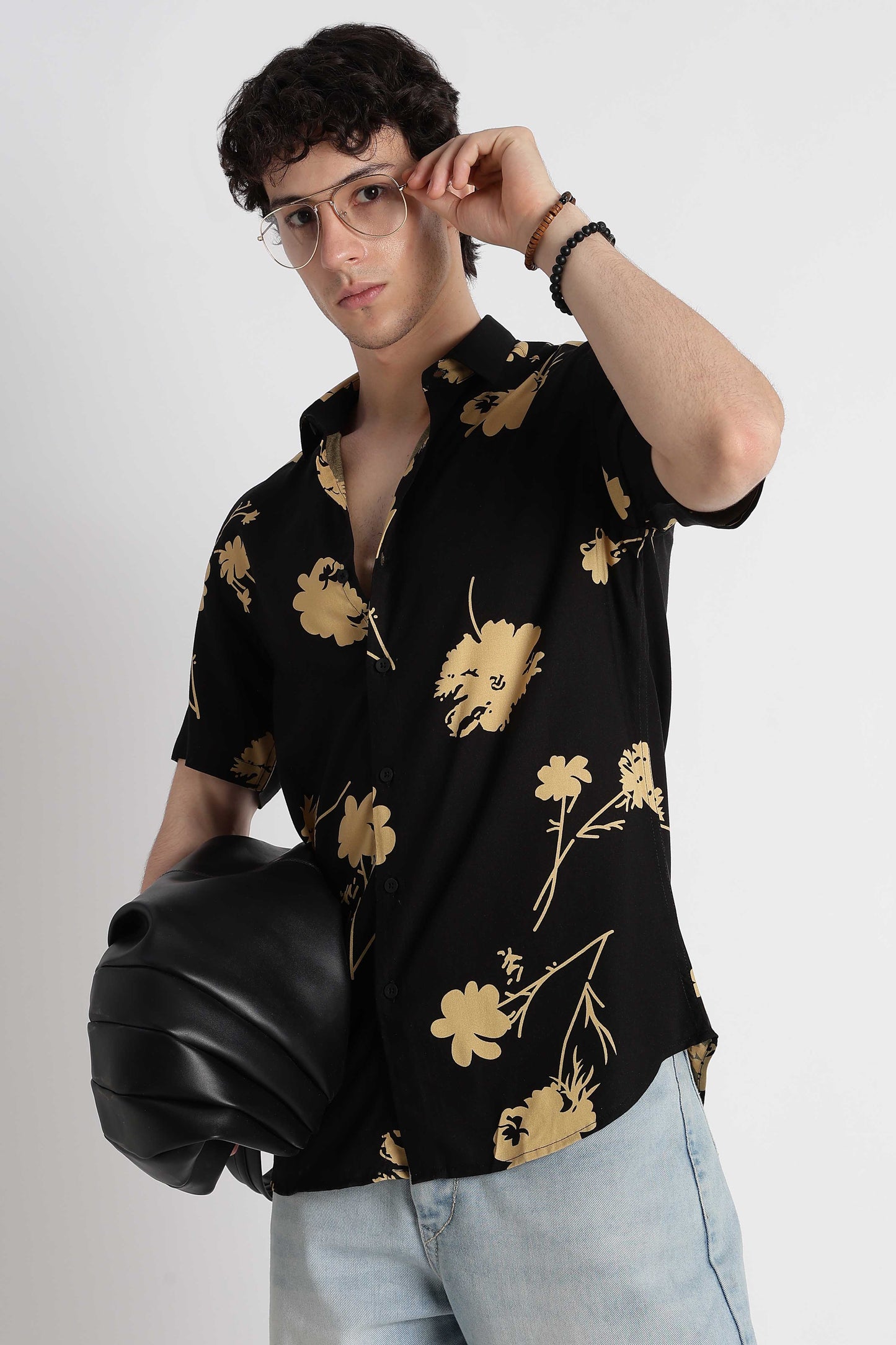 Stylish Floral Printed Rayon Shirt Black Yellow