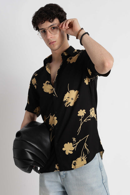 Stylish Floral Printed Rayon Shirt Black Yellow