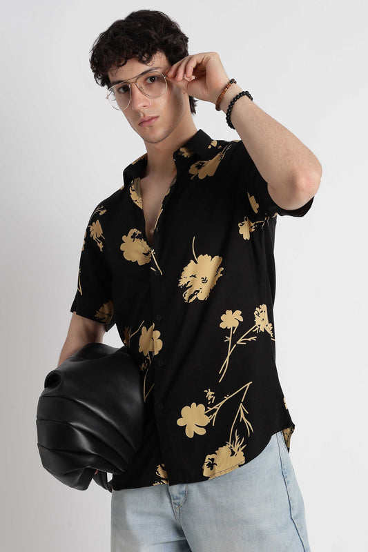 Stylish Floral Printed Rayon Shirt Black Yellow