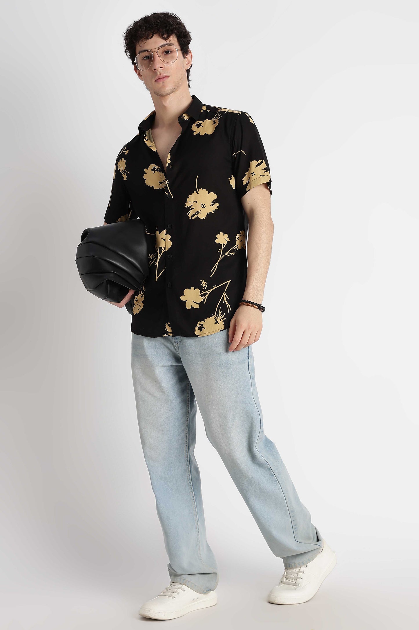 Stylish Floral Printed Rayon Shirt Black Yellow