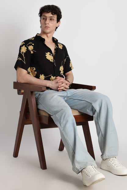 Stylish Floral Printed Rayon Shirt Black Yellow