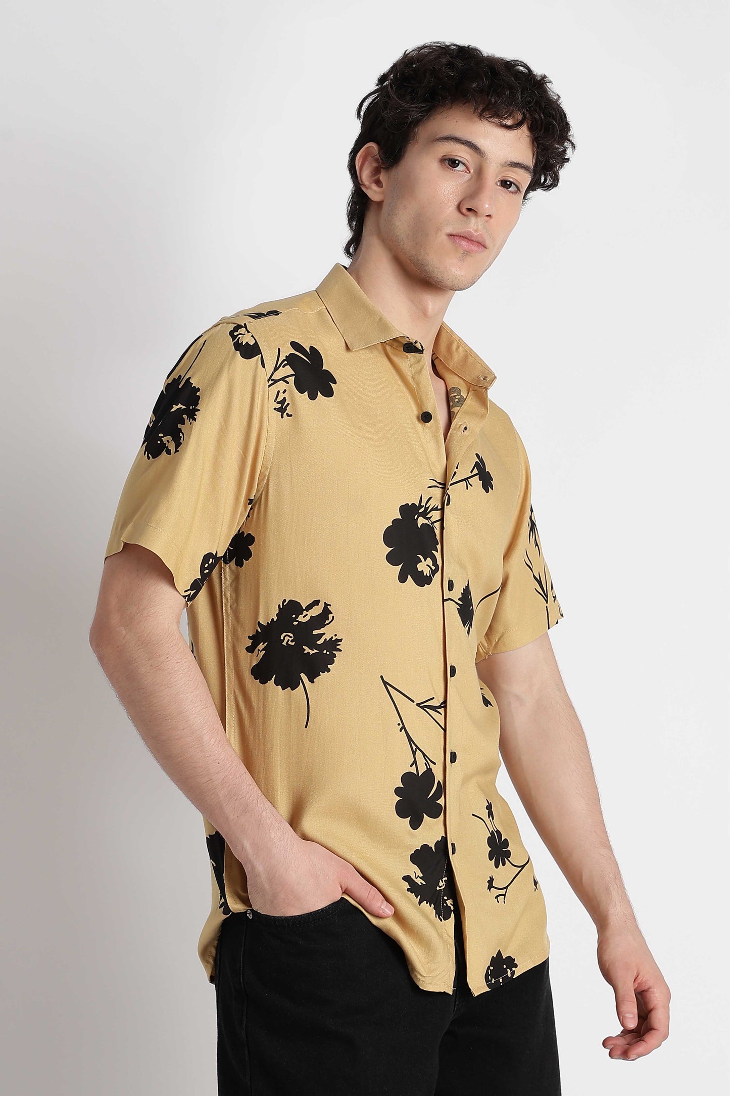 Stylish Floral Printed Rayon Shirt Yellow