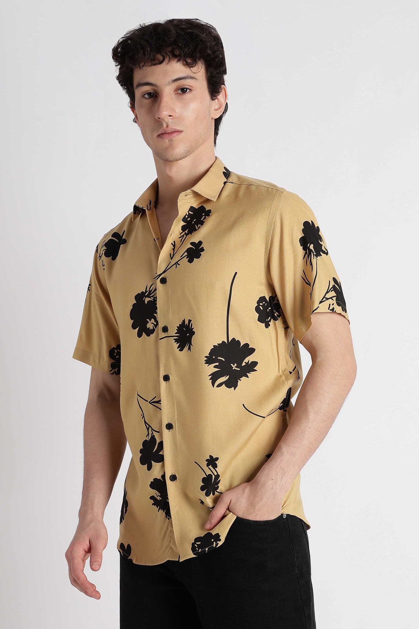 Stylish Floral Printed Rayon Shirt Yellow
