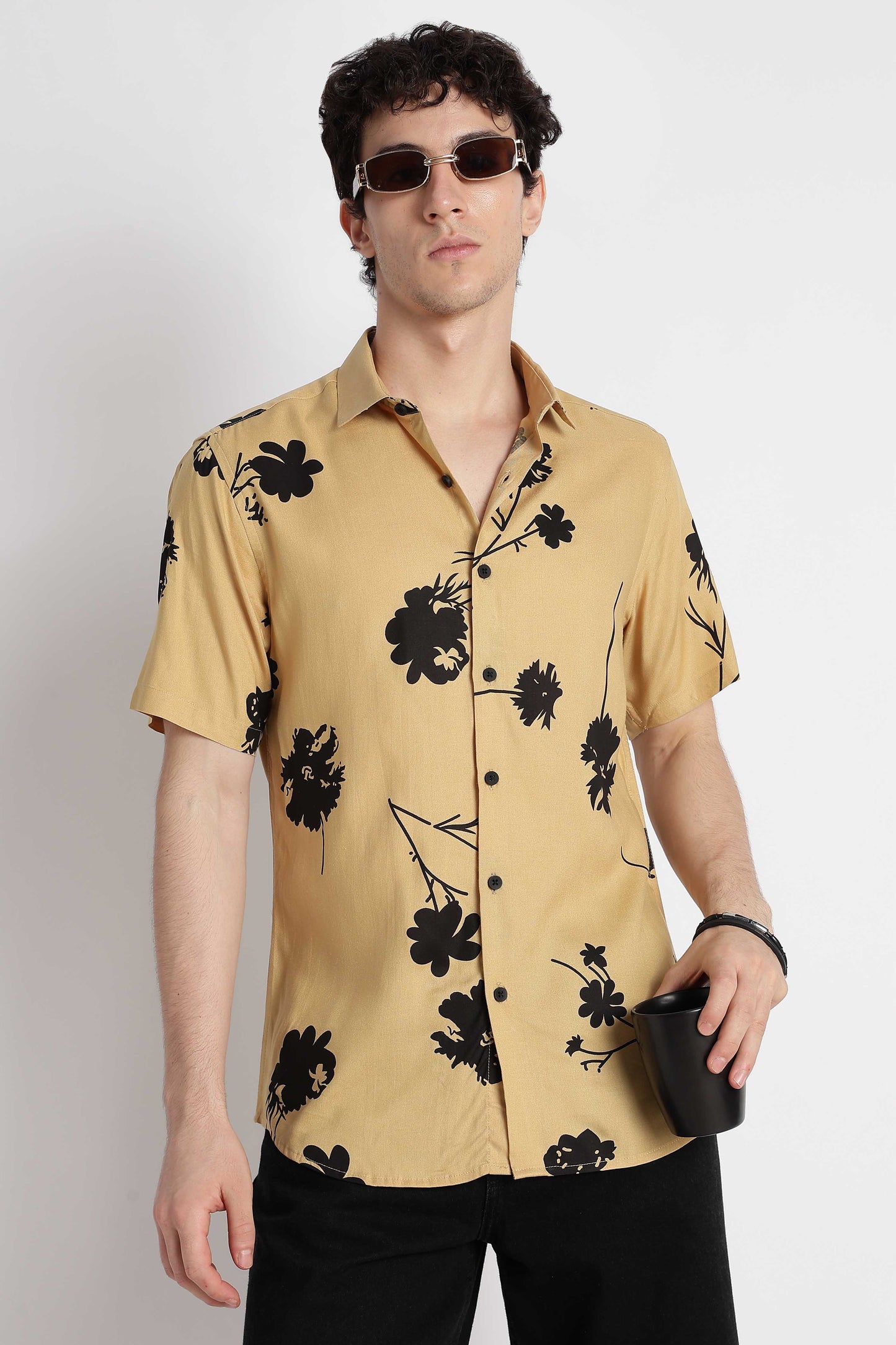 Stylish Floral Printed Rayon Shirt Yellow