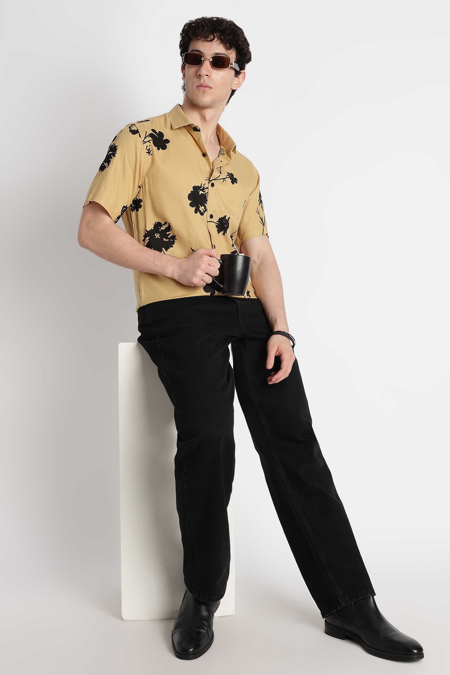 Stylish Floral Printed Rayon Shirt Yellow
