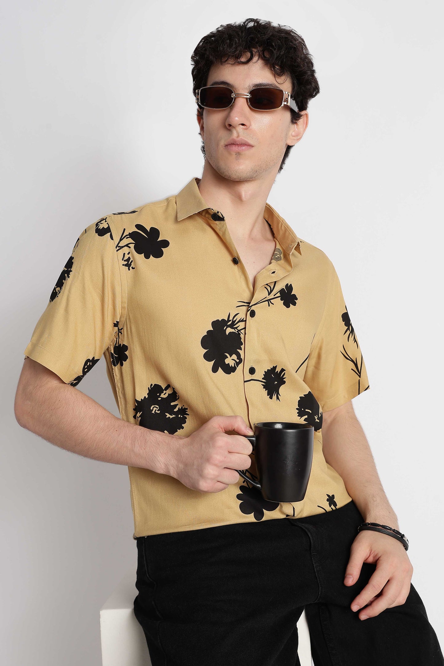 Stylish Floral Printed Rayon Shirt Yellow