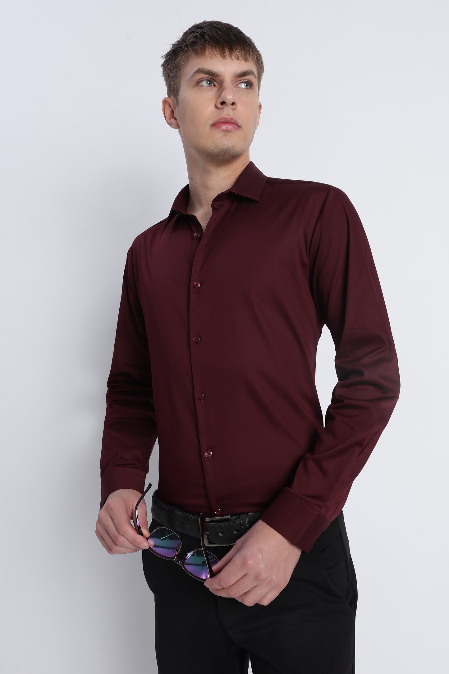 Refined Satin Finish Slim Fit Shirt Maroon