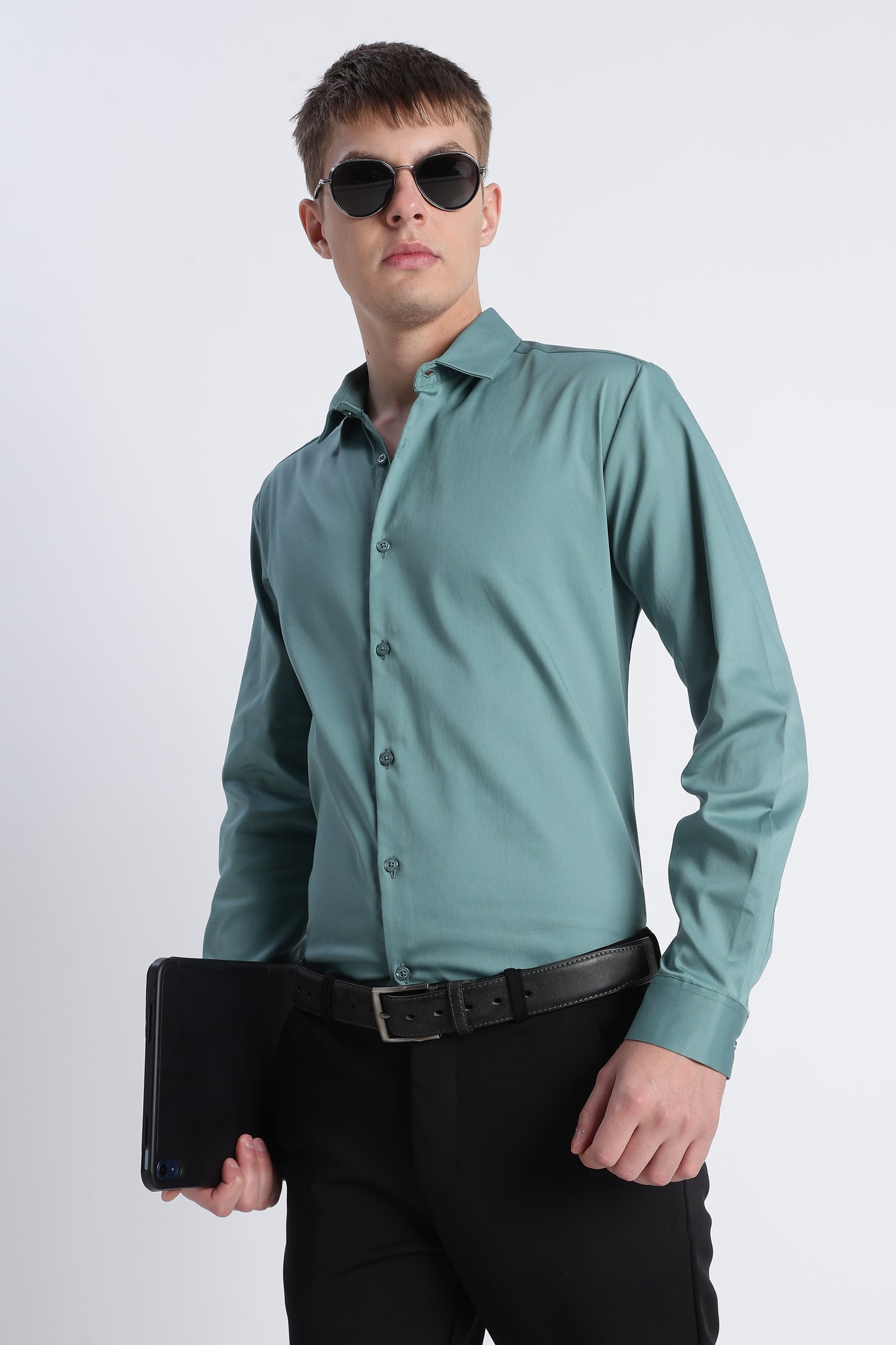 Refined Satin Finish Slim Fit Shirt Teal Green