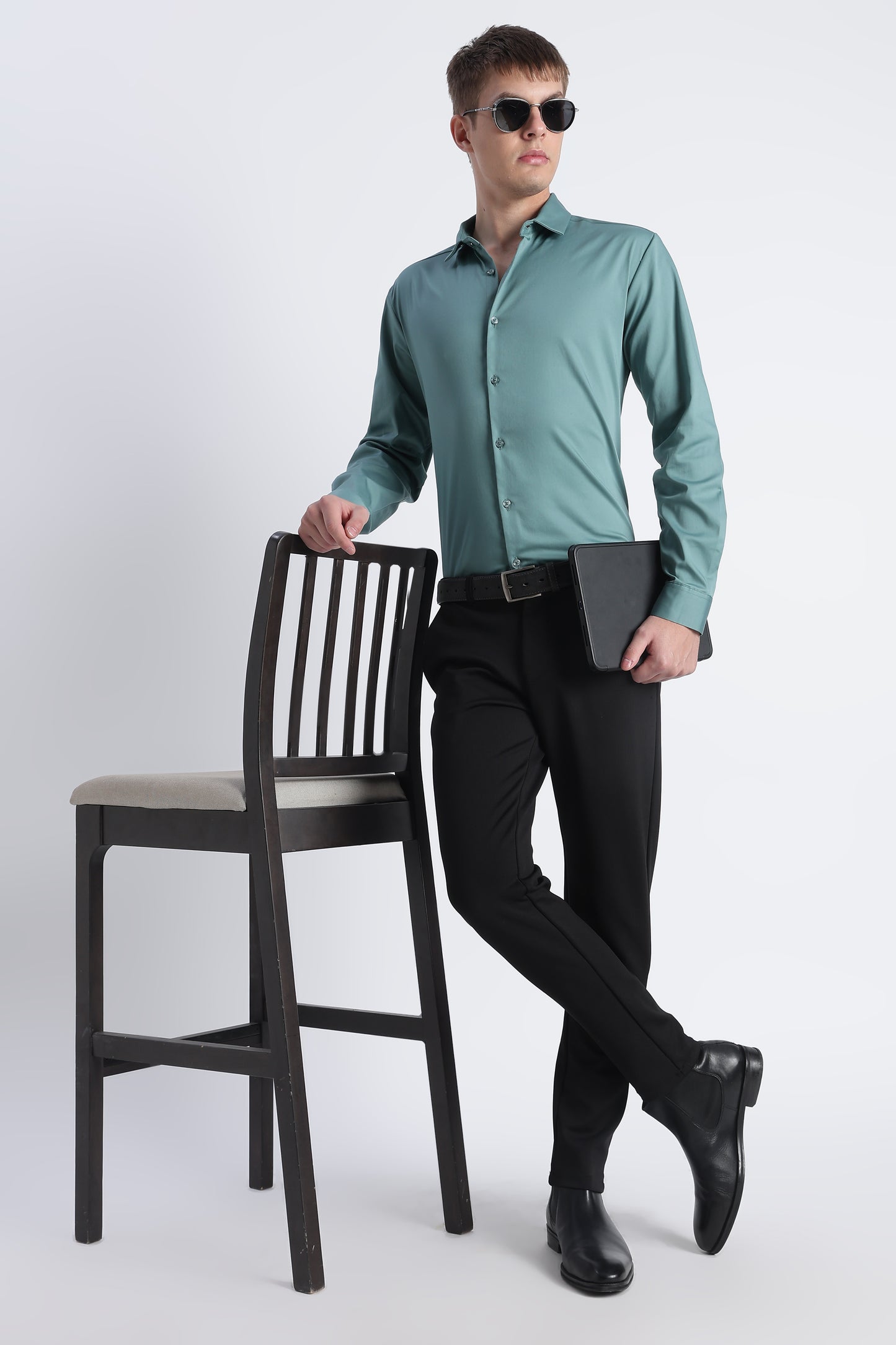Refined Satin Finish Slim Fit Shirt Teal Green