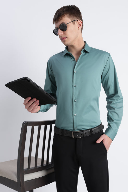 Refined Satin Finish Slim Fit Shirt Teal Green